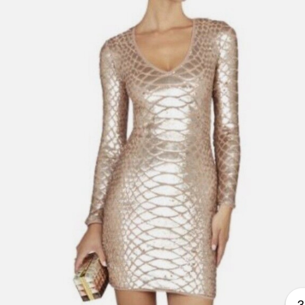 BCBGMAXAZRIA “Sabryna” Rose Gold Sequin Cocktail Bodycon Dress | Size XS